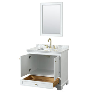 Wyndham Collection WCS202036SWGCMUNSM24 Deborah 36 Inch Single Bathroom Vanity in White, White Carrara Marble Countertop, Undermount Square Sink, Brushed Gold Trim, 24 Inch Mirror