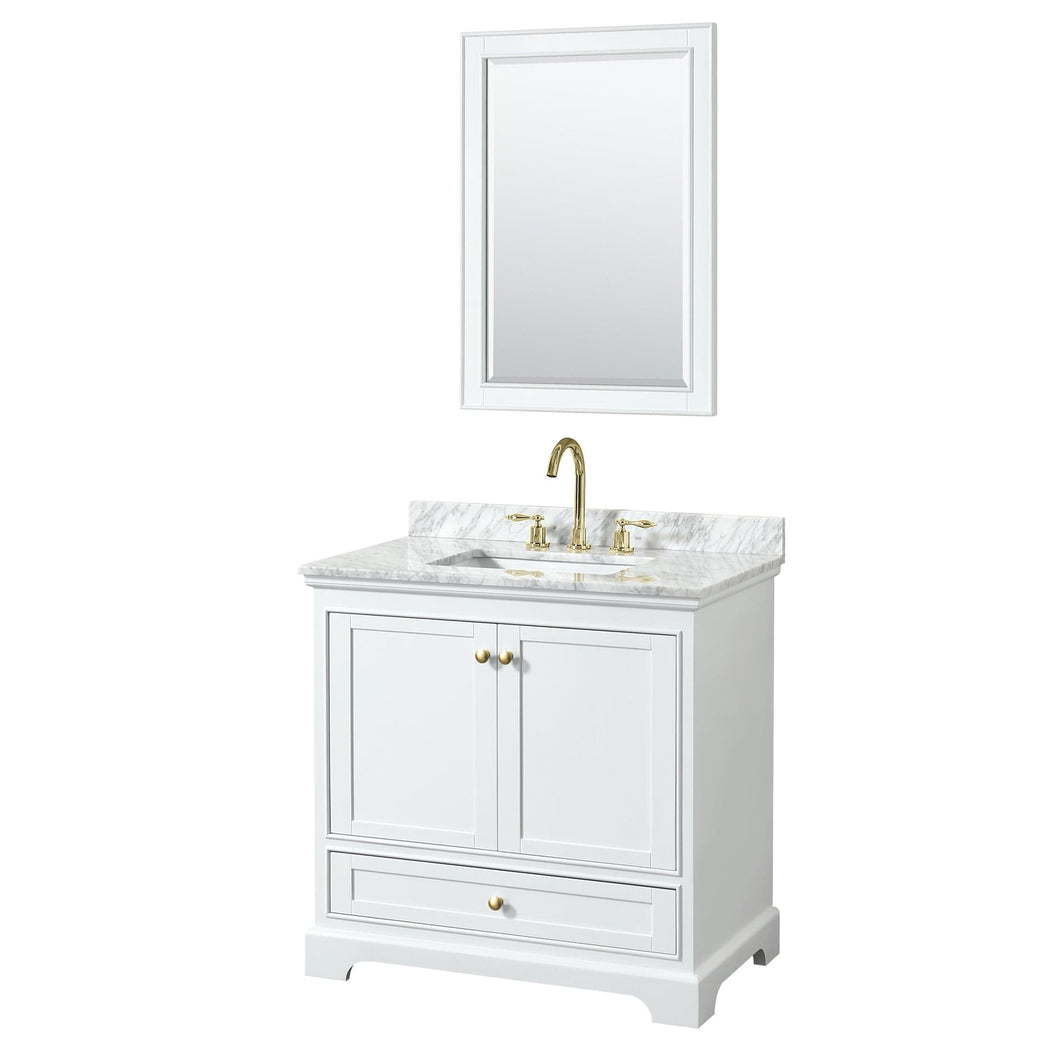 Wyndham Collection WCS202036SWGCMUNSM24 Deborah 36 Inch Single Bathroom Vanity in White, White Carrara Marble Countertop, Undermount Square Sink, Brushed Gold Trim, 24 Inch Mirror