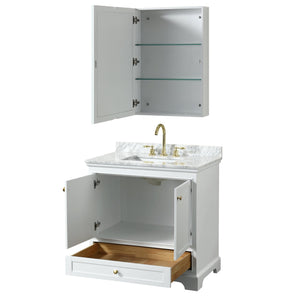 Wyndham Collection WCS202036SWGCMUNSMED Deborah 36 Inch Single Bathroom Vanity in White, White Carrara Marble Countertop, Undermount Square Sink, Brushed Gold Trim, Medicine Cabinet