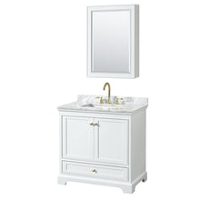 Load image into Gallery viewer, Wyndham Collection WCS202036SWGCMUNSMED Deborah 36 Inch Single Bathroom Vanity in White, White Carrara Marble Countertop, Undermount Square Sink, Brushed Gold Trim, Medicine Cabinet