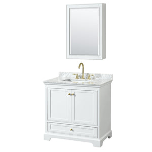 Wyndham Collection WCS202036SWGCMUNSMED Deborah 36 Inch Single Bathroom Vanity in White, White Carrara Marble Countertop, Undermount Square Sink, Brushed Gold Trim, Medicine Cabinet