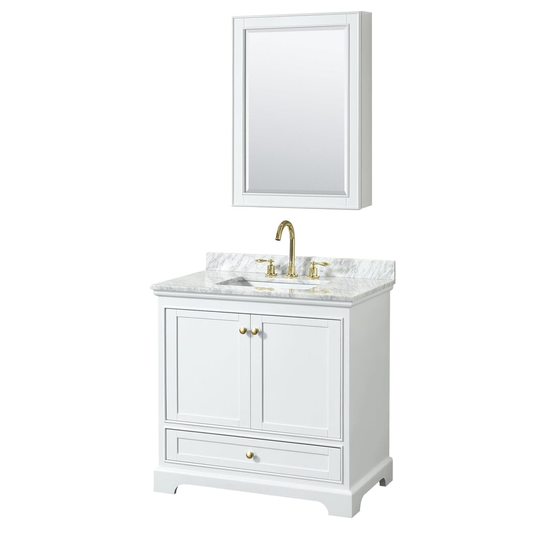 Wyndham Collection WCS202036SWGCMUNSMED Deborah 36 Inch Single Bathroom Vanity in White, White Carrara Marble Countertop, Undermount Square Sink, Brushed Gold Trim, Medicine Cabinet