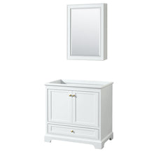 Load image into Gallery viewer, Wyndham Collection WCS202036SWGCXSXXMED Deborah 36 Inch Single Bathroom Vanity in White, No Countertop, No Sink, Brushed Gold Trim, Medicine Cabinet