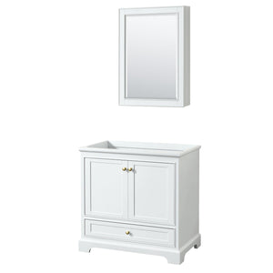 Wyndham Collection WCS202036SWGCXSXXMED Deborah 36 Inch Single Bathroom Vanity in White, No Countertop, No Sink, Brushed Gold Trim, Medicine Cabinet