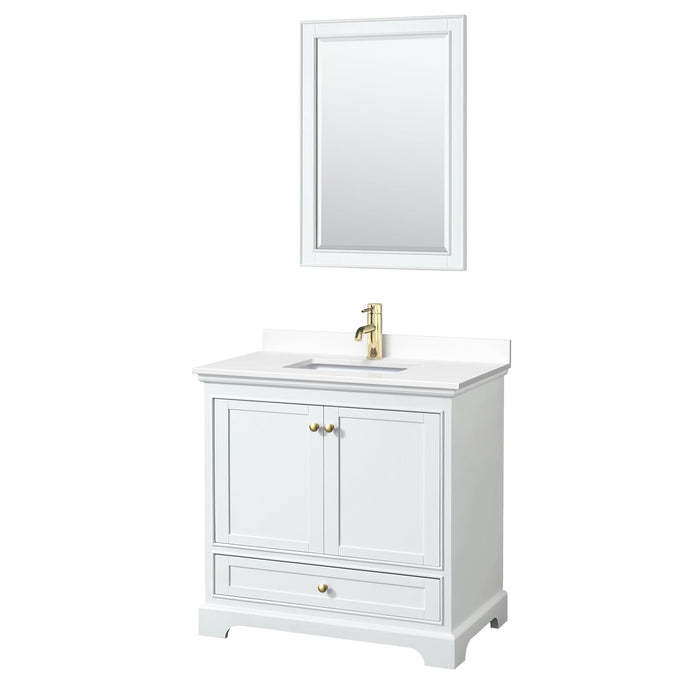 Wyndham Collection WCS202036SWGWCUNSM24 Deborah 36 Inch Single Bathroom Vanity in White, White Cultured Marble Countertop, Undermount Square Sink, Brushed Gold Trim, 24 Inch Mirror