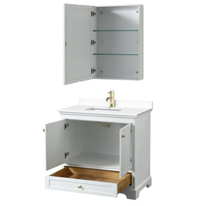 Wyndham Collection WCS202036SWGWCUNSMED Deborah 36 Inch Single Bathroom Vanity in White, White Cultured Marble Countertop, Undermount Square Sink, Brushed Gold Trim, Medicine Cabinet