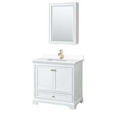 Load image into Gallery viewer, Wyndham Collection WCS202036SWGWCUNSMED Deborah 36 Inch Single Bathroom Vanity in White, White Cultured Marble Countertop, Undermount Square Sink, Brushed Gold Trim, Medicine Cabinet