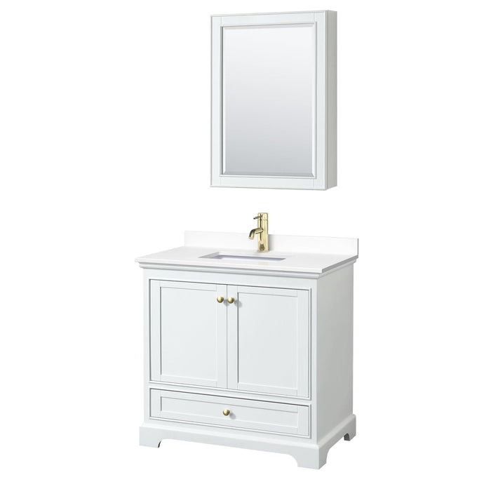 Wyndham Collection WCS202036SWGWCUNSMED Deborah 36 Inch Single Bathroom Vanity in White, White Cultured Marble Countertop, Undermount Square Sink, Brushed Gold Trim, Medicine Cabinet