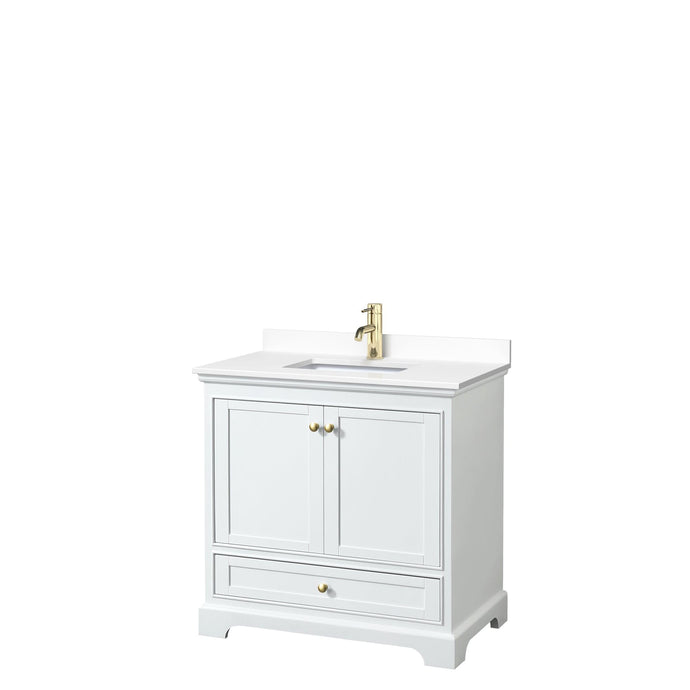 Wyndham Collection WCS202036SWGWCUNSMXX Deborah 36 Inch Single Bathroom Vanity in White, White Cultured Marble Countertop, Undermount Square Sink, Brushed Gold Trim, No Mirror