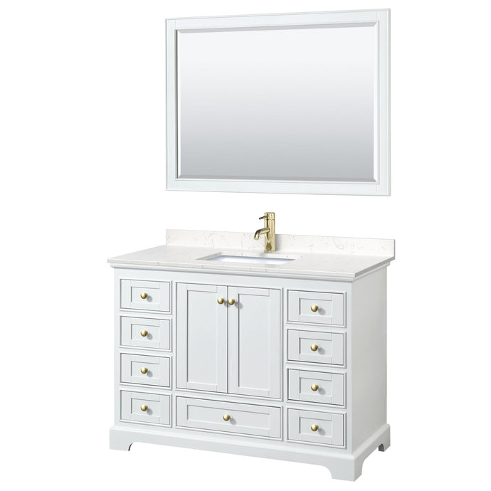 Wyndham Collection WCS202048SWGC2UNSM46 Deborah 48 Inch Single Bathroom Vanity in White, Carrara Cultured Marble Countertop, Undermount Square Sink, Brushed Gold Trim, 46 Inch Mirror