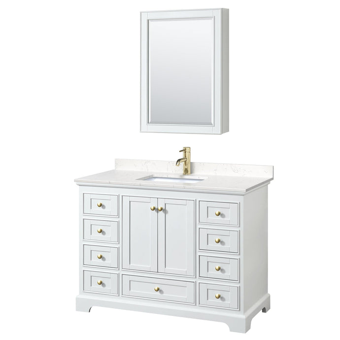 Wyndham Collection WCS202048SWGC2UNSMED Deborah 48 Inch Single Bathroom Vanity in White, Carrara Cultured Marble Countertop, Undermount Square Sink, Brushed Gold Trim, Medicine Cabinet