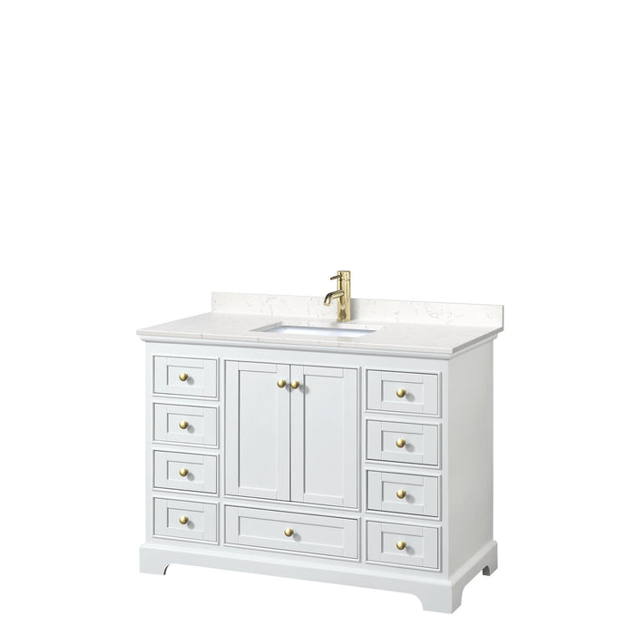 Wyndham Collection WCS202048SWGC2UNSMXX Deborah 48 Inch Single Bathroom Vanity in White, Carrara Cultured Marble Countertop, Undermount Square Sink, Brushed Gold Trim, No Mirror