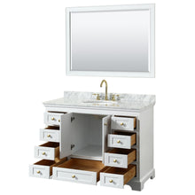 Load image into Gallery viewer, Wyndham Collection WCS202048SWGCMUNOM46 Deborah 48 Inch Single Bathroom Vanity in White, White Carrara Marble Countertop, Undermount Oval Sink, Brushed Gold Trim, 46 Inch Mirror