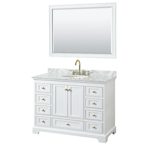Wyndham Collection WCS202048SWGCMUNOM46 Deborah 48 Inch Single Bathroom Vanity in White, White Carrara Marble Countertop, Undermount Oval Sink, Brushed Gold Trim, 46 Inch Mirror