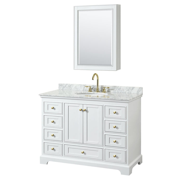 Wyndham Collection WCS202048SWGCMUNOMED Deborah 48 Inch Single Bathroom Vanity in White, White Carrara Marble Countertop, Undermount Oval Sink, Brushed Gold Trim, Medicine Cabinet