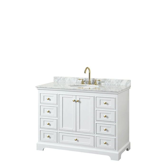 Wyndham Collection WCS202048SWGCMUNOMXX Deborah 48 Inch Single Bathroom Vanity in White, White Carrara Marble Countertop, Undermount Oval Sink, Brushed Gold Trim, No Mirror