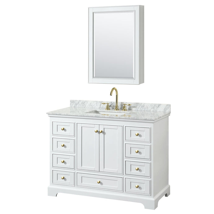 Wyndham Collection WCS202048SWGCMUNSMED Deborah 48 Inch Single Bathroom Vanity in White, White Carrara Marble Countertop, Undermount Square Sink, Brushed Gold Trim, Medicine Cabinet