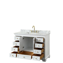 Load image into Gallery viewer, Wyndham Collection WCS202048SWGCMUNSMXX Deborah 48 Inch Single Bathroom Vanity in White, White Carrara Marble Countertop, Undermount Square Sink, Brushed Gold Trim, No Mirror