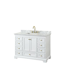 Load image into Gallery viewer, Wyndham Collection WCS202048SWGCMUNSMXX Deborah 48 Inch Single Bathroom Vanity in White, White Carrara Marble Countertop, Undermount Square Sink, Brushed Gold Trim, No Mirror