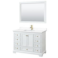 Load image into Gallery viewer, Wyndham Collection WCS202048SWGWCUNSM46 Deborah 48 Inch Single Bathroom Vanity in White, White Cultured Marble Countertop, Undermount Square Sink, Brushed Gold Trim, 46 Inch Mirror