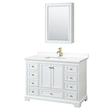 Load image into Gallery viewer, Wyndham Collection WCS202048SWGWCUNSMED Deborah 48 Inch Single Bathroom Vanity in White, White Cultured Marble Countertop, Undermount Square Sink, Brushed Gold Trim, Medicine Cabinet