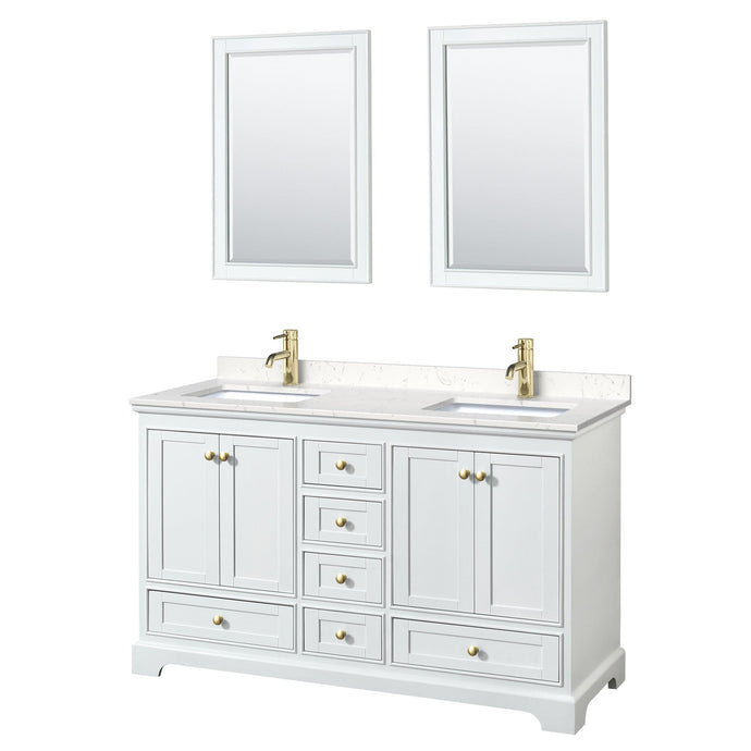 Wyndham Collection WCS202060DWGC2UNSM24 Deborah 60 Inch Double Bathroom Vanity in White, Carrara Cultured Marble Countertop, Undermount Square Sinks, Brushed Gold Trim, 24 Inch Mirrors