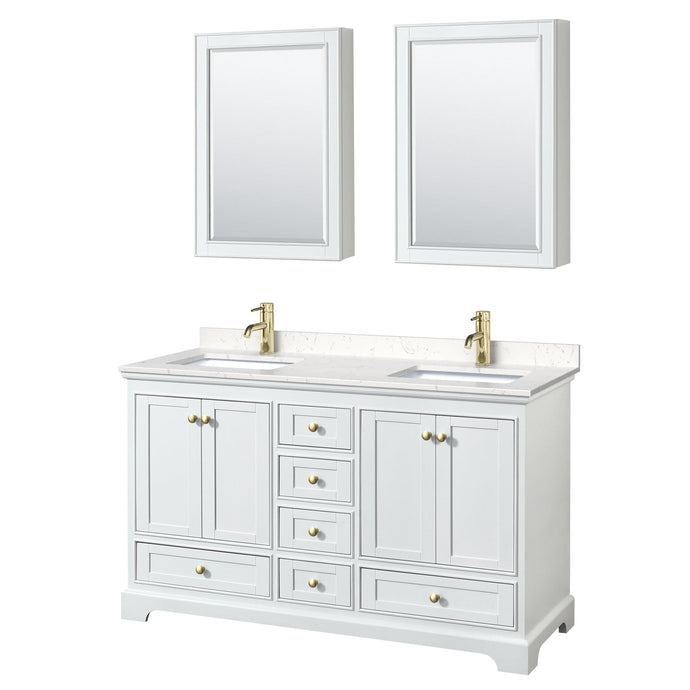 Wyndham Collection WCS202060DWGC2UNSMED Deborah 60 Inch Double Bathroom Vanity in White, Carrara Cultured Marble Countertop, Undermount Square Sinks, Brushed Gold Trim, Medicine Cabinets