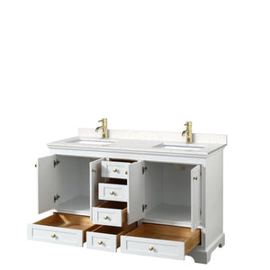 Wyndham Collection WCS202060DWGC2UNSMXX Deborah 60 Inch Double Bathroom Vanity in White, Carrara Cultured Marble Countertop, Undermount Square Sinks, Brushed Gold Trim, No Mirrors