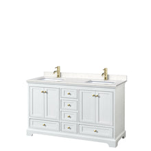 Load image into Gallery viewer, Wyndham Collection WCS202060DWGC2UNSMXX Deborah 60 Inch Double Bathroom Vanity in White, Carrara Cultured Marble Countertop, Undermount Square Sinks, Brushed Gold Trim, No Mirrors