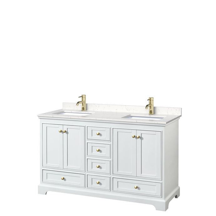 Wyndham Collection WCS202060DWGC2UNSMXX Deborah 60 Inch Double Bathroom Vanity in White, Carrara Cultured Marble Countertop, Undermount Square Sinks, Brushed Gold Trim, No Mirrors