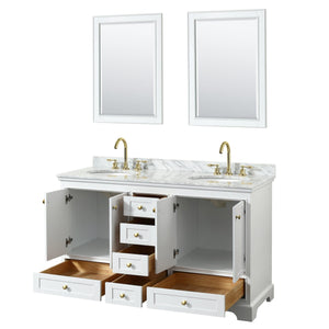 Wyndham Collection WCS202060DWGCMUNOM58 Deborah 60 Inch Double Bathroom Vanity in White, White Carrara Marble Countertop, Undermount Oval Sinks, Brushed Gold Trim, 58 Inch Mirror