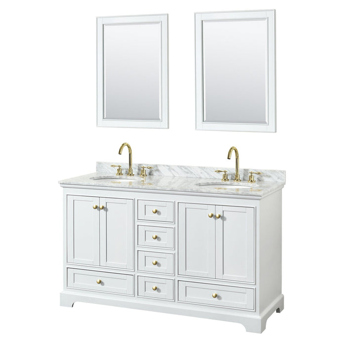 Wyndham Collection WCS202060DWGCMUNOM24 Deborah 60 Inch Double Bathroom Vanity in White, White Carrara Marble Countertop, Undermount Oval Sinks, Brushed Gold Trim, 24 Inch Mirrors