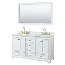 Load image into Gallery viewer, Wyndham Collection WCS202060DWGCMUNOM58 Deborah 60 Inch Double Bathroom Vanity in White, White Carrara Marble Countertop, Undermount Oval Sinks, Brushed Gold Trim, 58 Inch Mirror