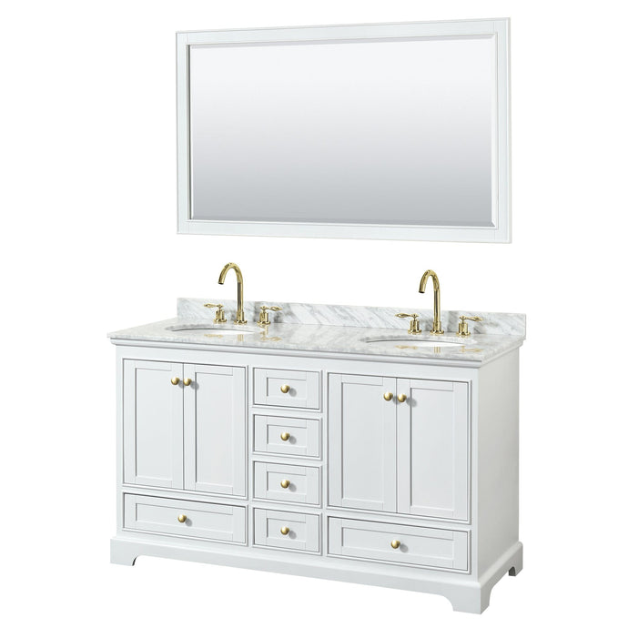 Wyndham Collection WCS202060DWGCMUNOM58 Deborah 60 Inch Double Bathroom Vanity in White, White Carrara Marble Countertop, Undermount Oval Sinks, Brushed Gold Trim, 58 Inch Mirror