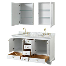 Load image into Gallery viewer, Wyndham Collection WCS202060DWGCMUNOMED Deborah 60 Inch Double Bathroom Vanity in White, White Carrara Marble Countertop, Undermount Oval Sinks, Brushed Gold Trim, Medicine Cabinets