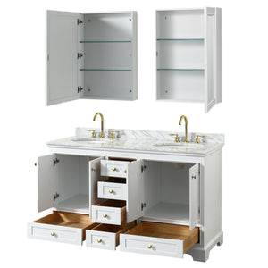 Wyndham Collection WCS202060DWGCMUNOMED Deborah 60 Inch Double Bathroom Vanity in White, White Carrara Marble Countertop, Undermount Oval Sinks, Brushed Gold Trim, Medicine Cabinets