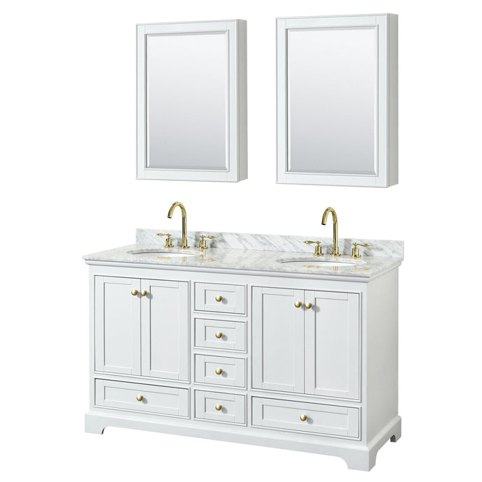 Wyndham Collection WCS202060DWGCMUNOMED Deborah 60 Inch Double Bathroom Vanity in White, White Carrara Marble Countertop, Undermount Oval Sinks, Brushed Gold Trim, Medicine Cabinets