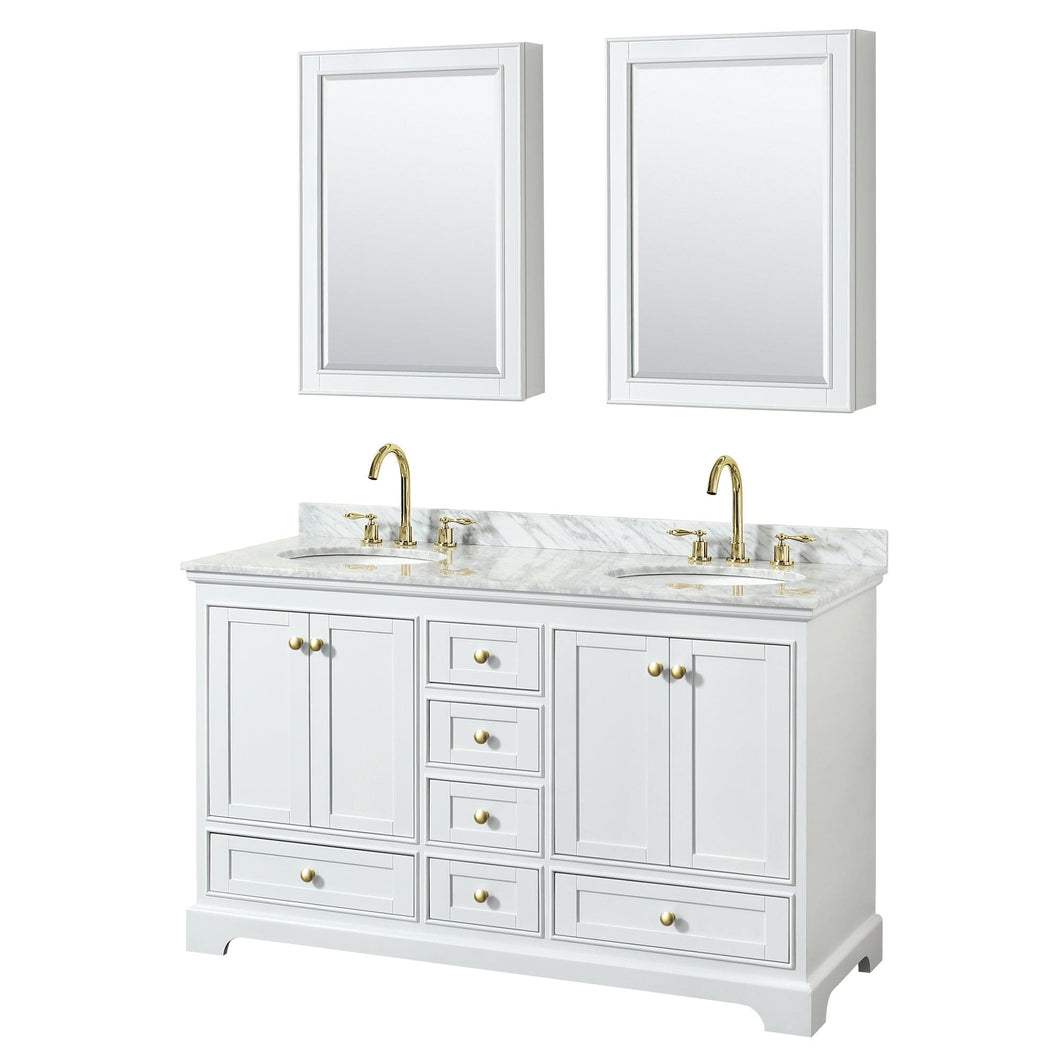 Wyndham Collection WCS202060DWGCMUNOMED Deborah 60 Inch Double Bathroom Vanity in White, White Carrara Marble Countertop, Undermount Oval Sinks, Brushed Gold Trim, Medicine Cabinets