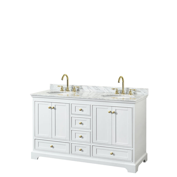 Wyndham Collection WCS202060DWGCMUNOMXX Deborah 60 Inch Double Bathroom Vanity in White, White Carrara Marble Countertop, Undermount Oval Sinks, Brushed Gold Trim, No Mirrors