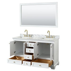 Wyndham Collection WCS202060DWGCMUNSM58 Deborah 60 Inch Double Bathroom Vanity in White, White Carrara Marble Countertop, Undermount Square Sinks, Brushed Gold Trim, 58 Inch Mirror