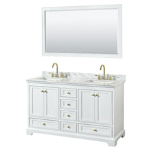 Load image into Gallery viewer, Wyndham Collection WCS202060DWGCMUNSM58 Deborah 60 Inch Double Bathroom Vanity in White, White Carrara Marble Countertop, Undermount Square Sinks, Brushed Gold Trim, 58 Inch Mirror