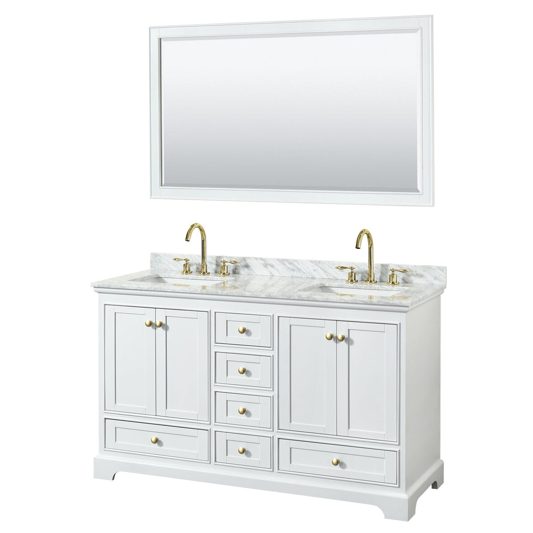 Wyndham Collection WCS202060DWGCMUNSM58 Deborah 60 Inch Double Bathroom Vanity in White, White Carrara Marble Countertop, Undermount Square Sinks, Brushed Gold Trim, 58 Inch Mirror