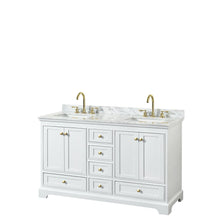 Load image into Gallery viewer, Wyndham Collection WCS202060DWGCMUNSMXX Deborah 60 Inch Double Bathroom Vanity in White, White Carrara Marble Countertop, Undermount Square Sinks, Brushed Gold Trim, No Mirror