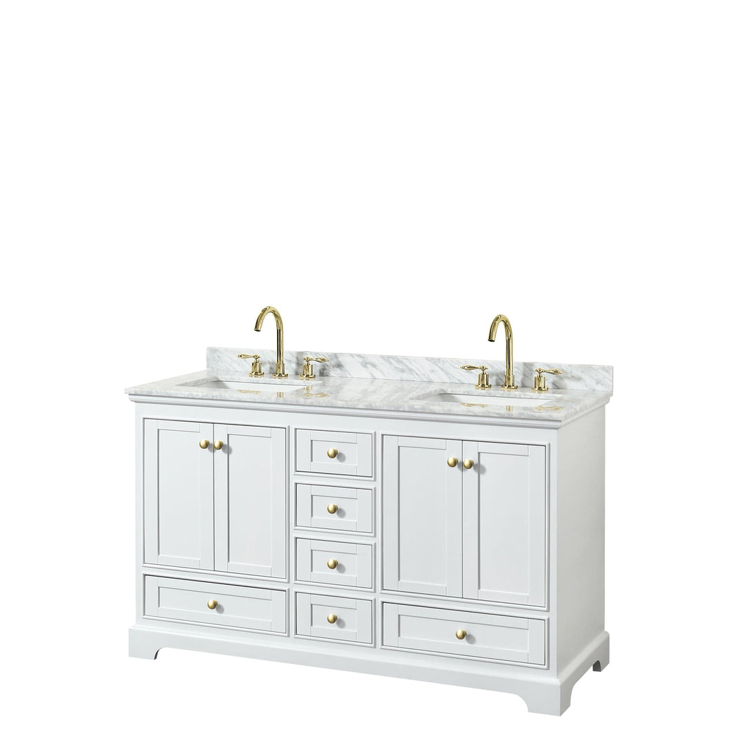 Wyndham Collection WCS202060DWGCMUNSMXX Deborah 60 Inch Double Bathroom Vanity in White, White Carrara Marble Countertop, Undermount Square Sinks, Brushed Gold Trim, No Mirror