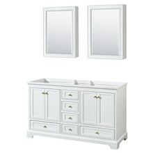 Load image into Gallery viewer, Wyndham Collection WCS202060DWGCXSXXMED Deborah 60 Inch Double Bathroom Vanity in White, No Countertop, No Sinks, Brushed Gold Trim, Medicine Cabinets