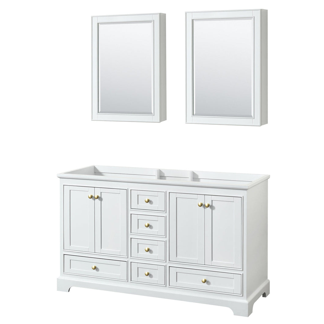 Wyndham Collection WCS202060DWGCXSXXMED Deborah 60 Inch Double Bathroom Vanity in White, No Countertop, No Sinks, Brushed Gold Trim, Medicine Cabinets