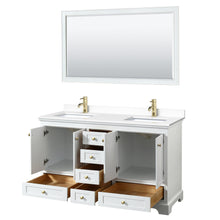 Load image into Gallery viewer, Wyndham Collection WCS202060DWGWCUNSM58 Deborah 60 Inch Double Bathroom Vanity in White, White Cultured Marble Countertop, Undermount Square Sinks, Brushed Gold Trim, 58 Inch Mirror