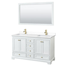 Load image into Gallery viewer, Wyndham Collection WCS202060DWGWCUNSM58 Deborah 60 Inch Double Bathroom Vanity in White, White Cultured Marble Countertop, Undermount Square Sinks, Brushed Gold Trim, 58 Inch Mirror