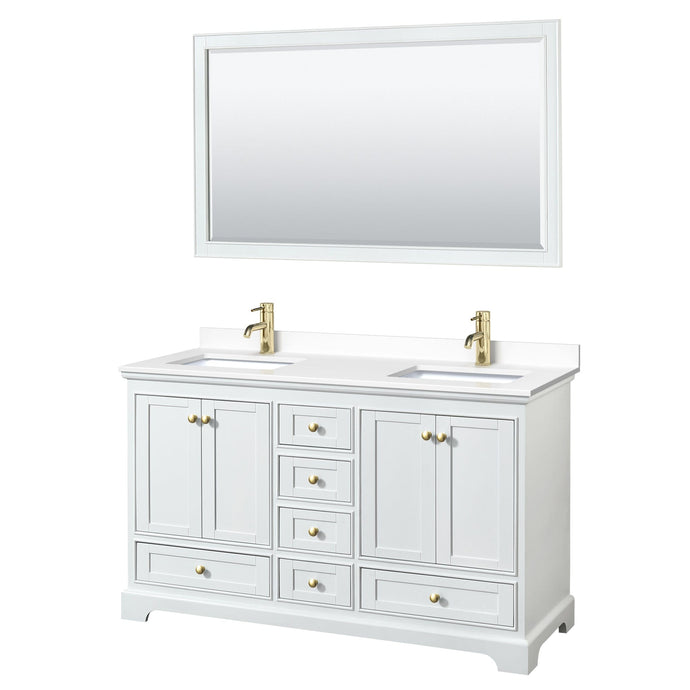Wyndham Collection WCS202060DWGWCUNSM58 Deborah 60 Inch Double Bathroom Vanity in White, White Cultured Marble Countertop, Undermount Square Sinks, Brushed Gold Trim, 58 Inch Mirror