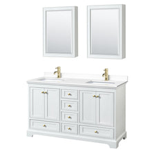 Load image into Gallery viewer, Wyndham Collection WCS202060DWGWCUNSMED Deborah 60 Inch Double Bathroom Vanity in White, White Cultured Marble Countertop, Undermount Square Sinks, Brushed Gold Trim, Medicine Cabinets